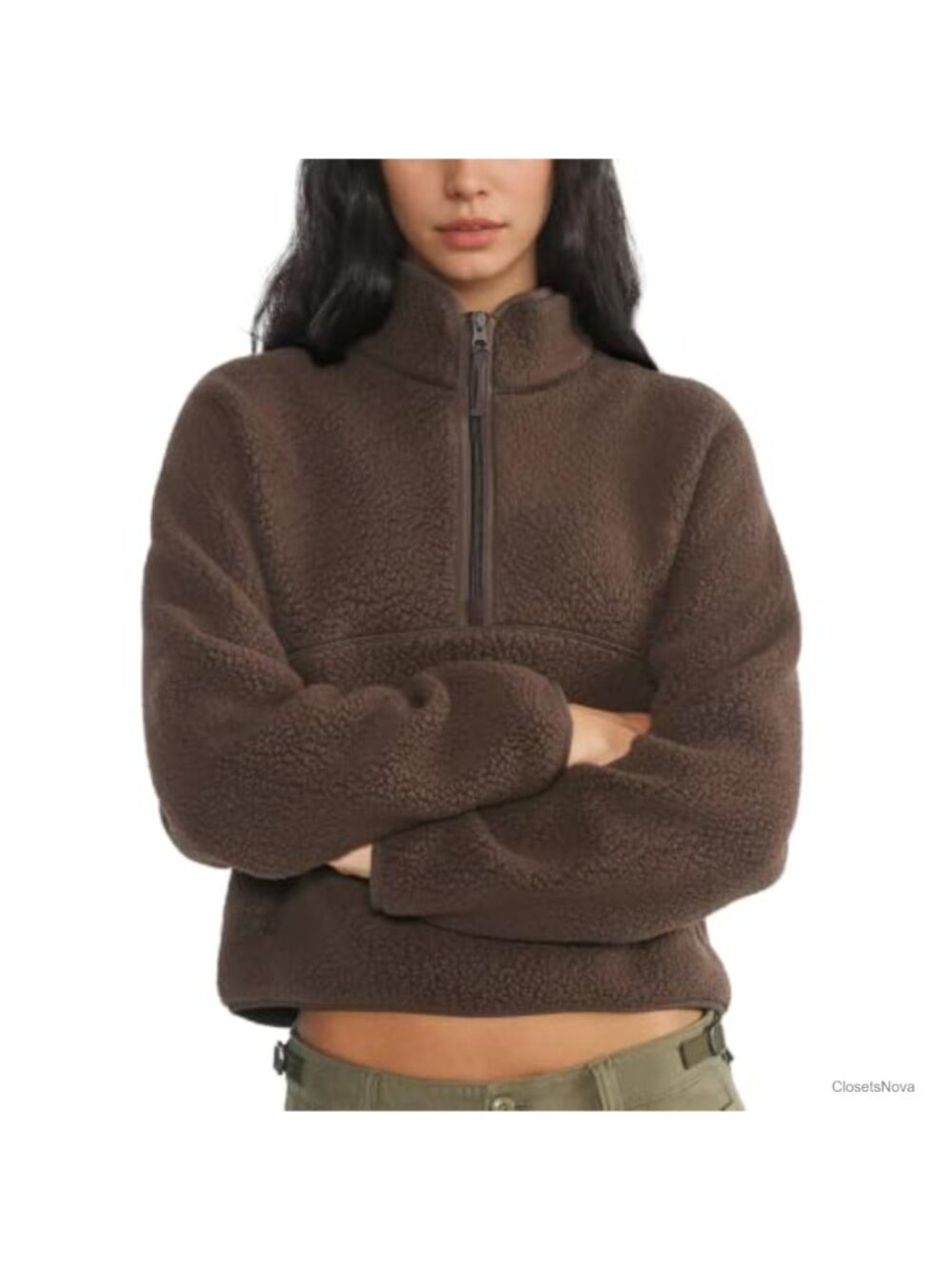 Womens Fleece Half Zip Pullover Fuzzy Sherpa Jacket with Pockets